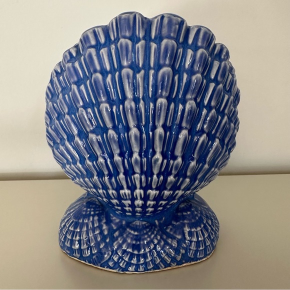 Anthropologie Vintage Hollywood Regency Coastal Shell Vase Cachepot Blue Glaze - Picture 6 of 8